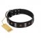 "Pirates' Symbol" Fashionable FDT Artisan Black Leather Belgian Malinois Collar with Silver-Like Plates and Gold-Like Skulls