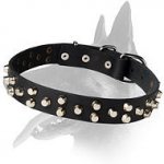 Superb Leather Collar With Silver Colored Pyramids