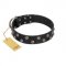 "Power-Flower" FDT Artisan Black Leather Belgian Malinois Collar with Two Rows of Silver-like Studs with Engraved Flowers
