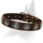 Leather Collar with Silver Plated Circles and Blue Stones