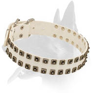 'Royal Comfort' White Leather Collar with Old Nickel Studs for Belgian Malinois Elegant Walking 'Royal Comfort' White Leather Collar with Old Nickel Studs for Belgian Malinois Elegant Walking