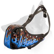 Painted Blue Flames Leather Muzzle for Belgian Malinois Painted Blue Flames Leather Muzzle for Belgian Malinois
