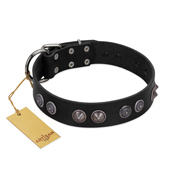 "Silver Medallions" Mod FDT Artisan Black Leather Belgian Malinois Collar with Round Plates
