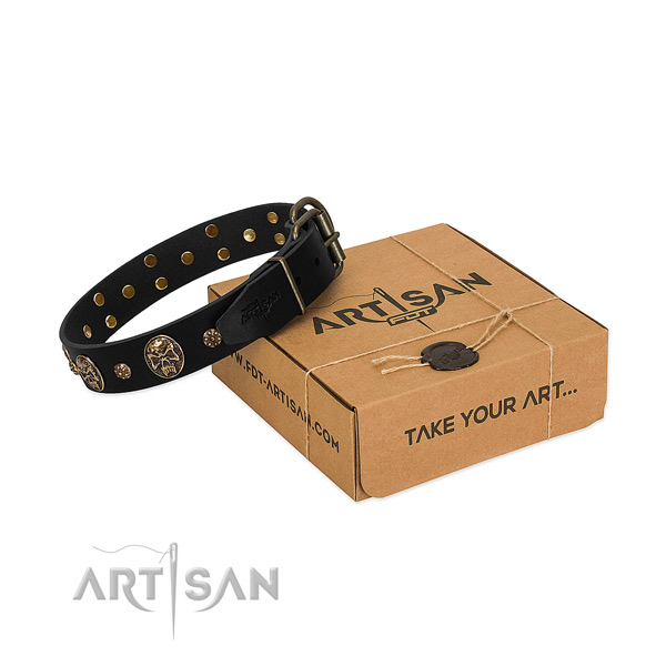 Durable embellishments on genuine leather dog collar for your dog