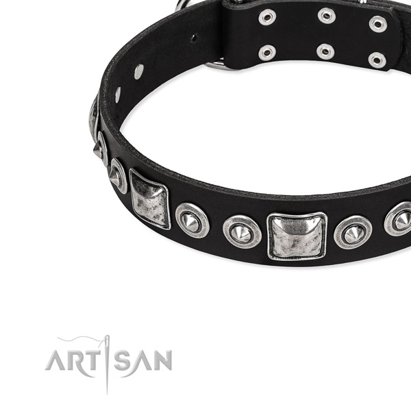 Full grain genuine leather dog collar made of reliable material with embellishments