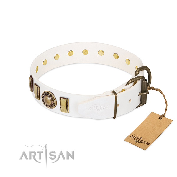 Decorated full grain genuine leather dog collar with corrosion resistant buckle