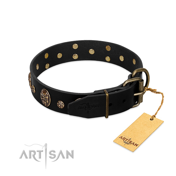 Corrosion resistant D-ring on genuine leather dog collar for your dog