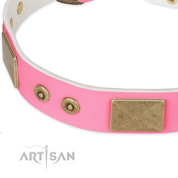 Full grain natural leather dog collar with embellishments for comfy wearing