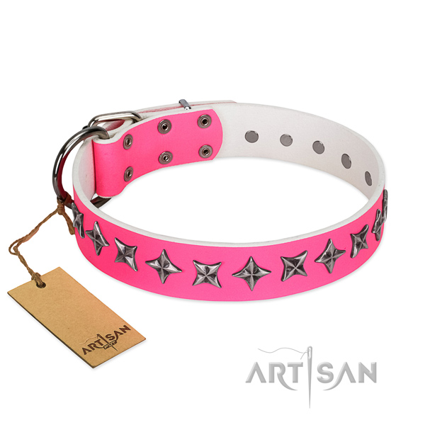 Durable full grain natural leather dog collar with top notch studs