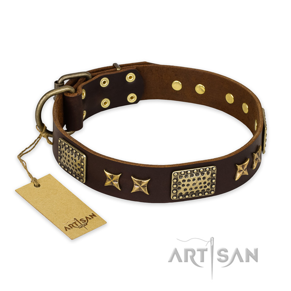 Comfortable natural genuine leather dog collar with reliable fittings