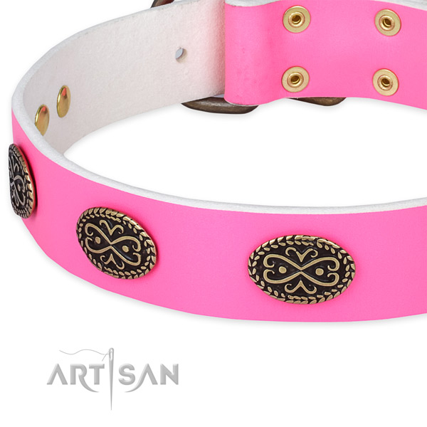 Full grain natural leather dog collar with adornments for easy wearing