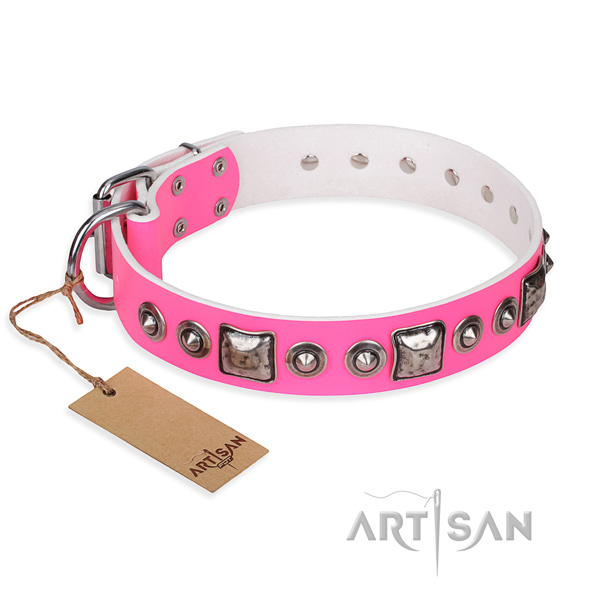 Leather dog collar made of gentle to touch material with strong traditional buckle