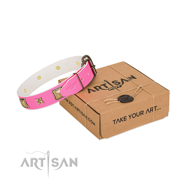 Corrosion proof hardware on natural genuine leather dog collar for comfy wearing