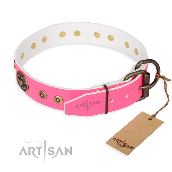 Natural genuine leather dog collar made of quality material with rust resistant embellishments