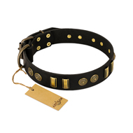 "Simple Elegance" FDT Artisan Black Leather Belgian Malinois Collar with Old Bronze-like Plates and Circles