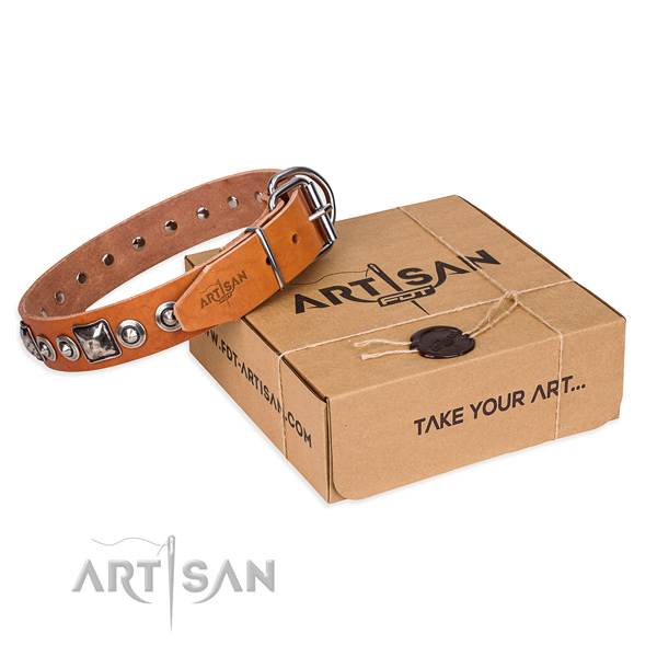 Full grain natural leather dog collar made of soft to touch material with strong buckle