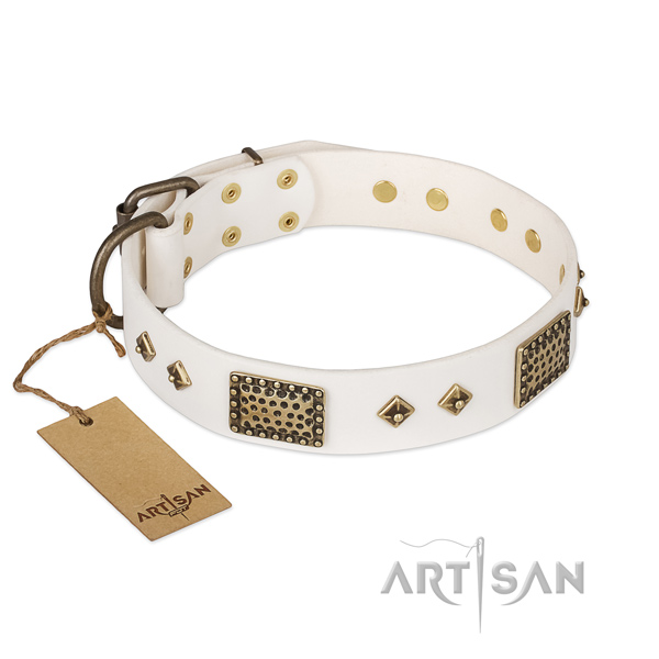 Decorated full grain genuine leather dog collar for easy wearing