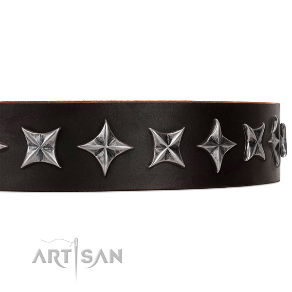 Comfy wearing studded dog collar of durable genuine leather