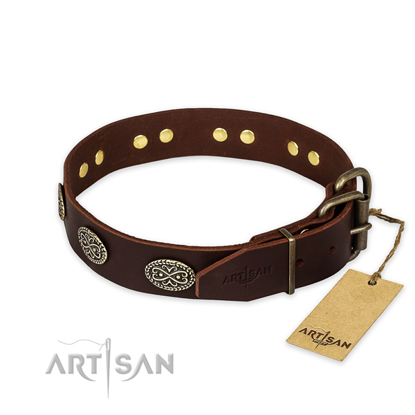 Corrosion resistant fittings on natural genuine leather collar for your handsome dog