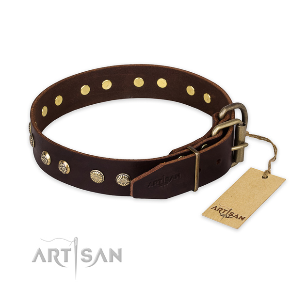 Reliable buckle on natural genuine leather collar for your handsome canine