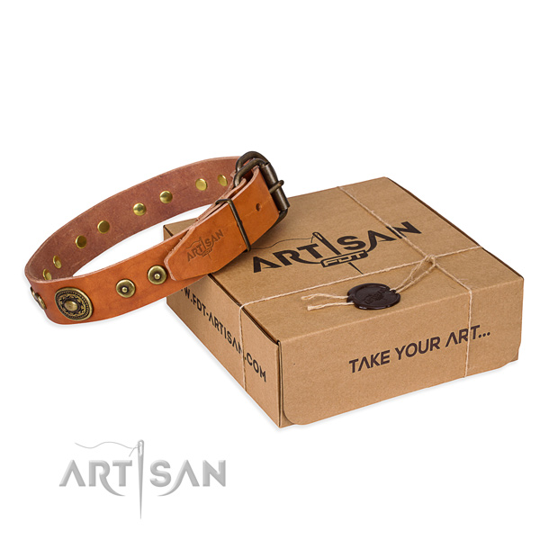 Genuine leather dog collar made of soft to touch material with corrosion resistant fittings