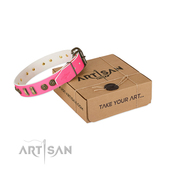 Corrosion proof D-ring on genuine leather dog collar for your four-legged friend