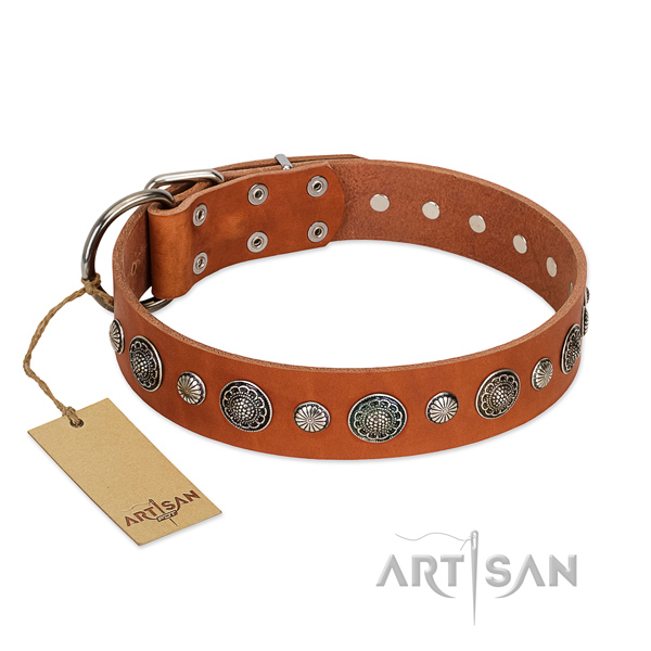 Quality natural leather dog collar with corrosion proof D-ring