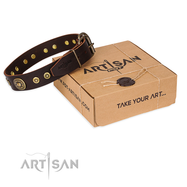 Natural genuine leather dog collar made of quality material with rust resistant buckle