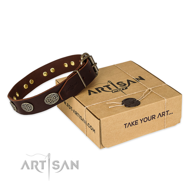 Reliable traditional buckle on full grain genuine leather collar for your impressive doggie