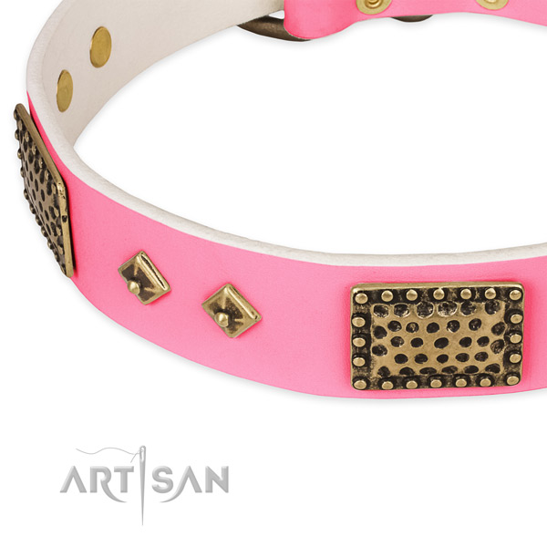 Full grain genuine leather dog collar with adornments for walking