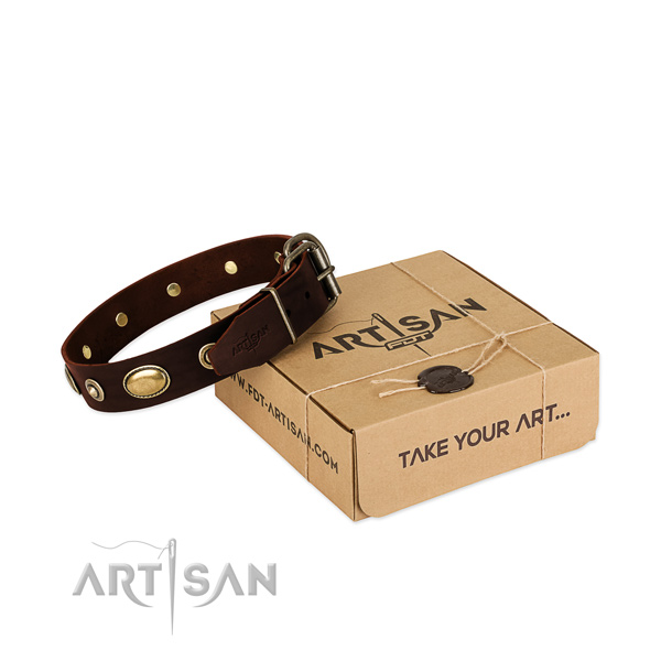 Reliable traditional buckle on full grain leather dog collar for your four-legged friend