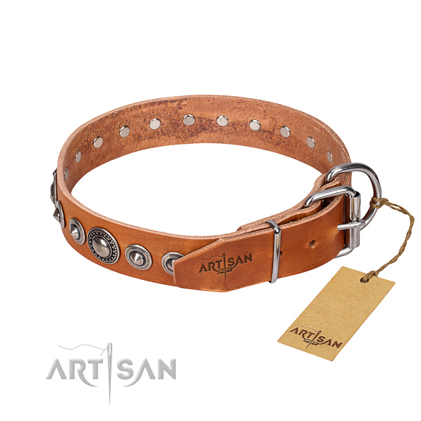 Genuine leather dog collar made of top notch material with corrosion proof embellishments