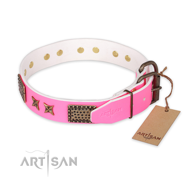 Rust resistant buckle on natural genuine leather collar for your beautiful pet