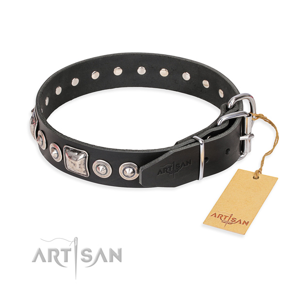 Full grain leather dog collar made of top notch material with corrosion proof adornments