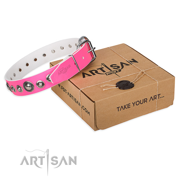 Natural genuine leather dog collar made of quality material with reliable D-ring