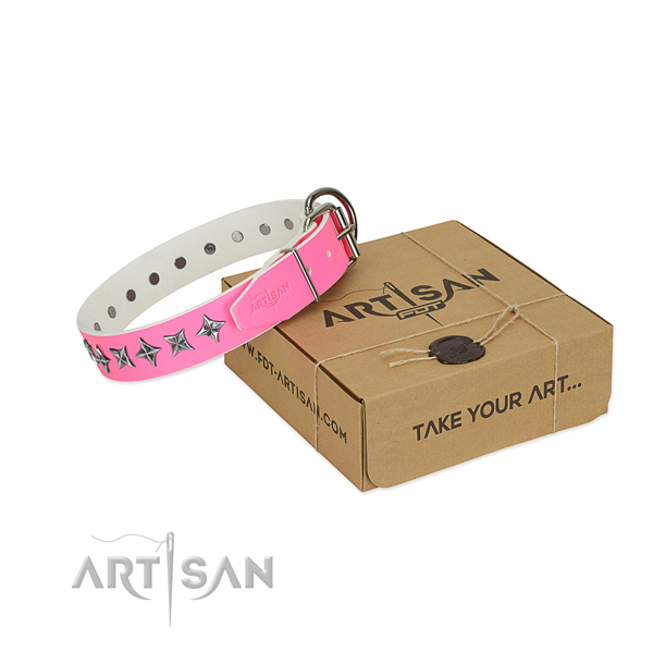 Reliable full grain natural leather dog collar with impressive decorations