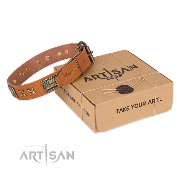 Rust-proof D-ring on full grain genuine leather collar for your beautiful doggie