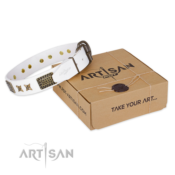 Rust resistant hardware on full grain leather collar for your lovely canine