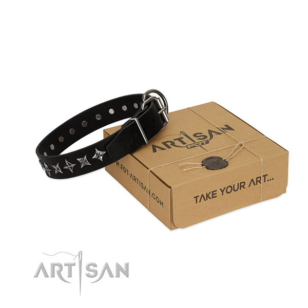 Daily use dog collar of durable natural leather with decorations