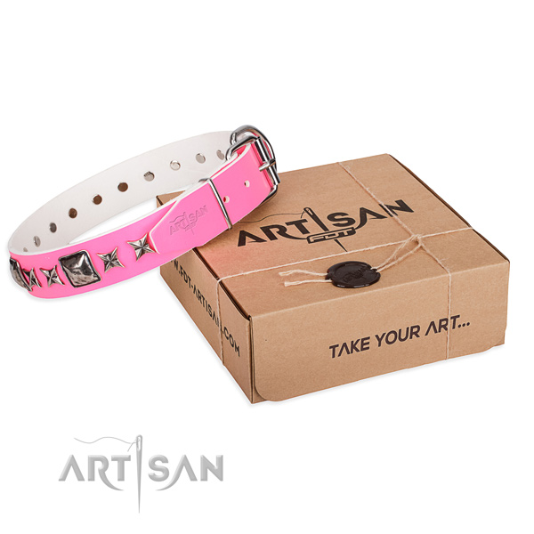Comfortable wearing full grain leather dog collar with adornments