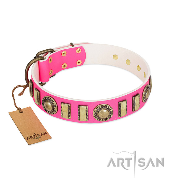 Easy to adjust leather dog collar with rust-proof D-ring