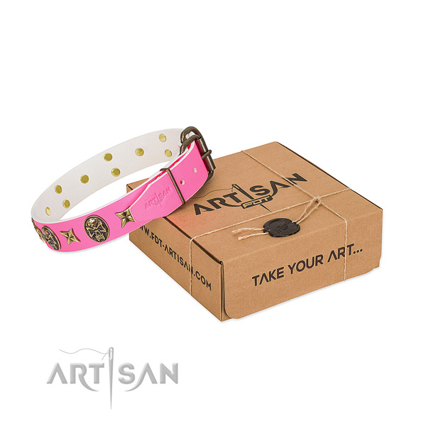 Strong buckle on genuine leather dog collar for comfy wearing