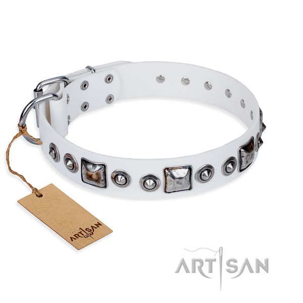 Full grain natural leather dog collar made of soft to touch material with durable D-ring