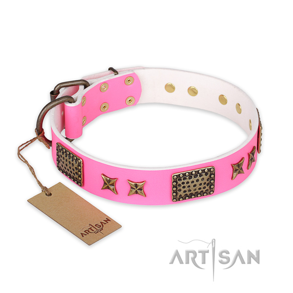 Easy to adjust full grain natural leather dog collar with rust resistant traditional buckle
