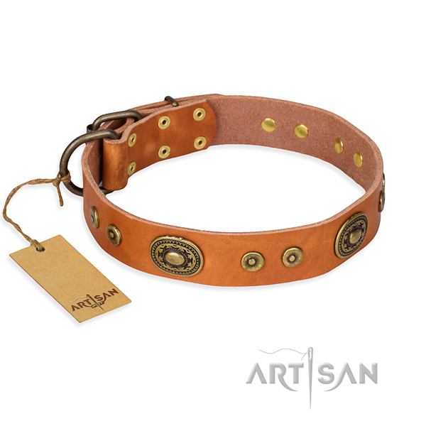 Natural genuine leather dog collar made of soft to touch material with corrosion proof traditional buckle