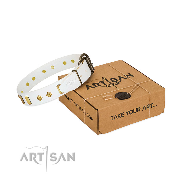 Gentle to touch genuine leather dog collar with rust resistant hardware