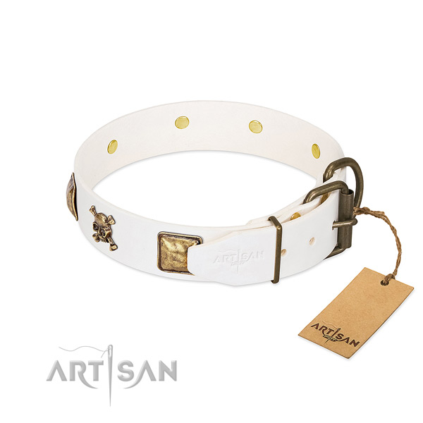 Amazing full grain natural leather dog collar with rust-proof decorations