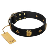 "Star Powder" FDT Artisan Black Leather Belgian Malinois Collar with Ovals and Stars - 1 1/2 inch Wide