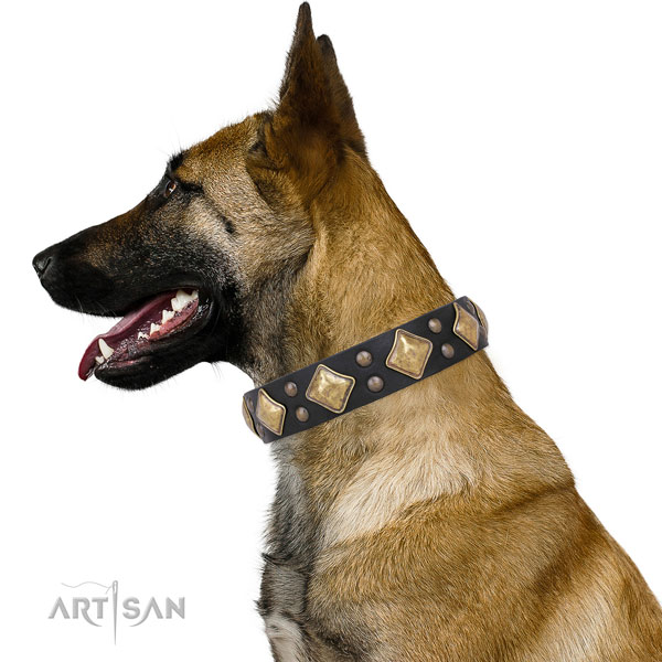 Handy use decorated dog collar made of quality genuine leather