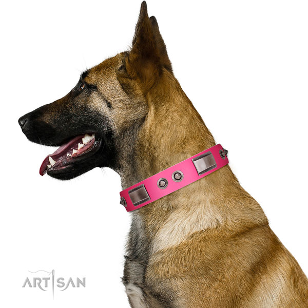 Trendy full grain genuine leather dog collar with studs
